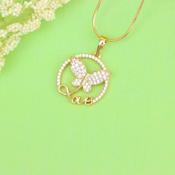 "Rose Gold Butterfly Pendant with Crystals and 'Love' Design, XPPT1478 - Picture 9 of 13